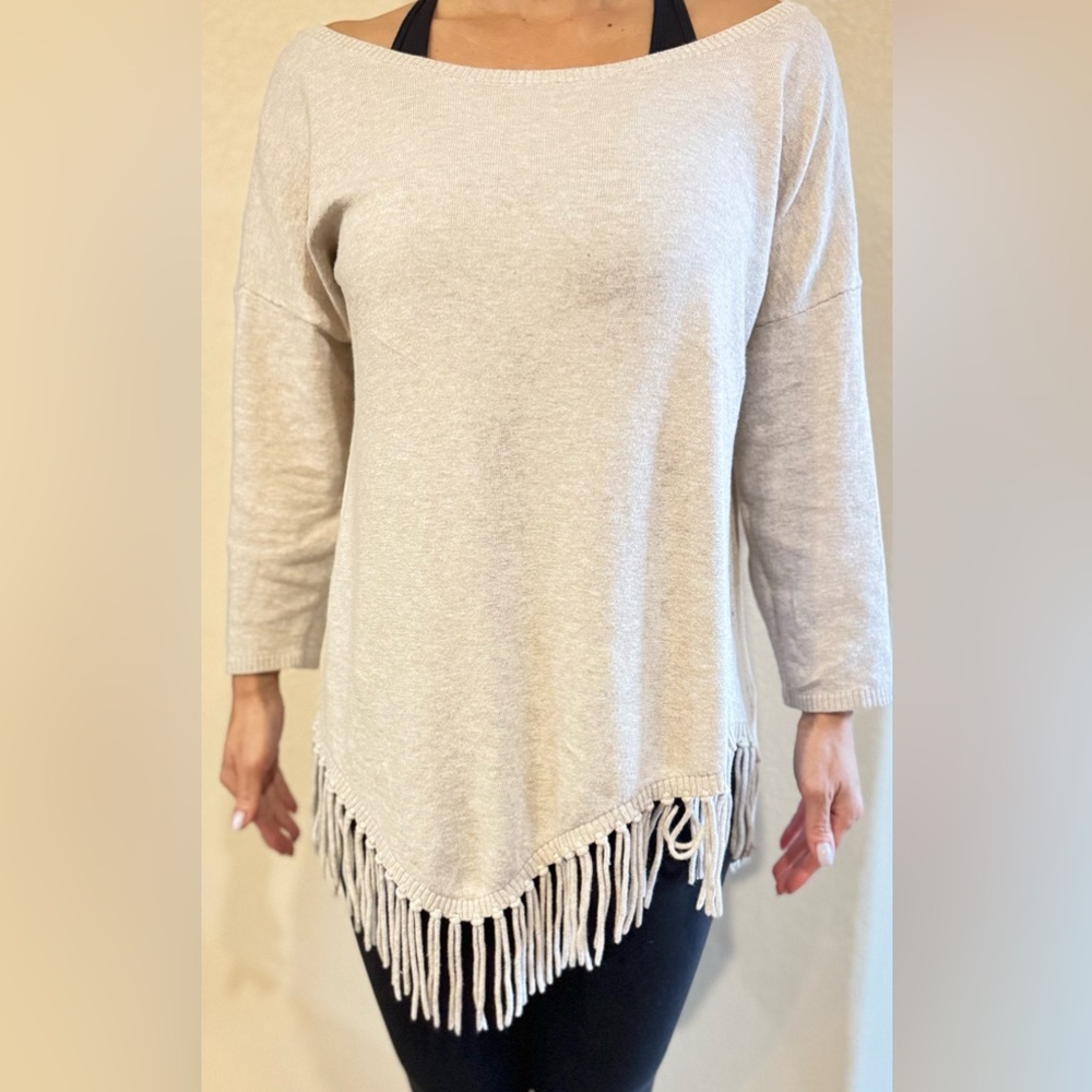 I.N.C International Concepts Cotton Viscose blend asymmetrical fringe sweater.